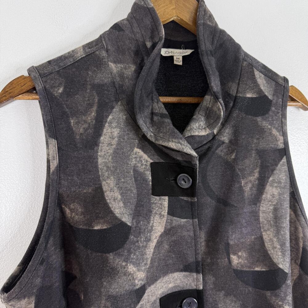 John Mark Vest Womens Medium Gray Geometric Knit Button Front Collared Stretch